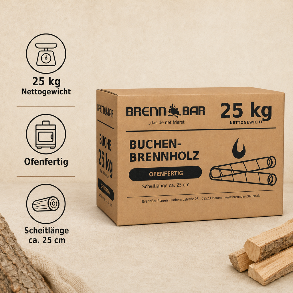25 kg Brennholz Buche – ofenfertig & trocken – Scheitlänge ca