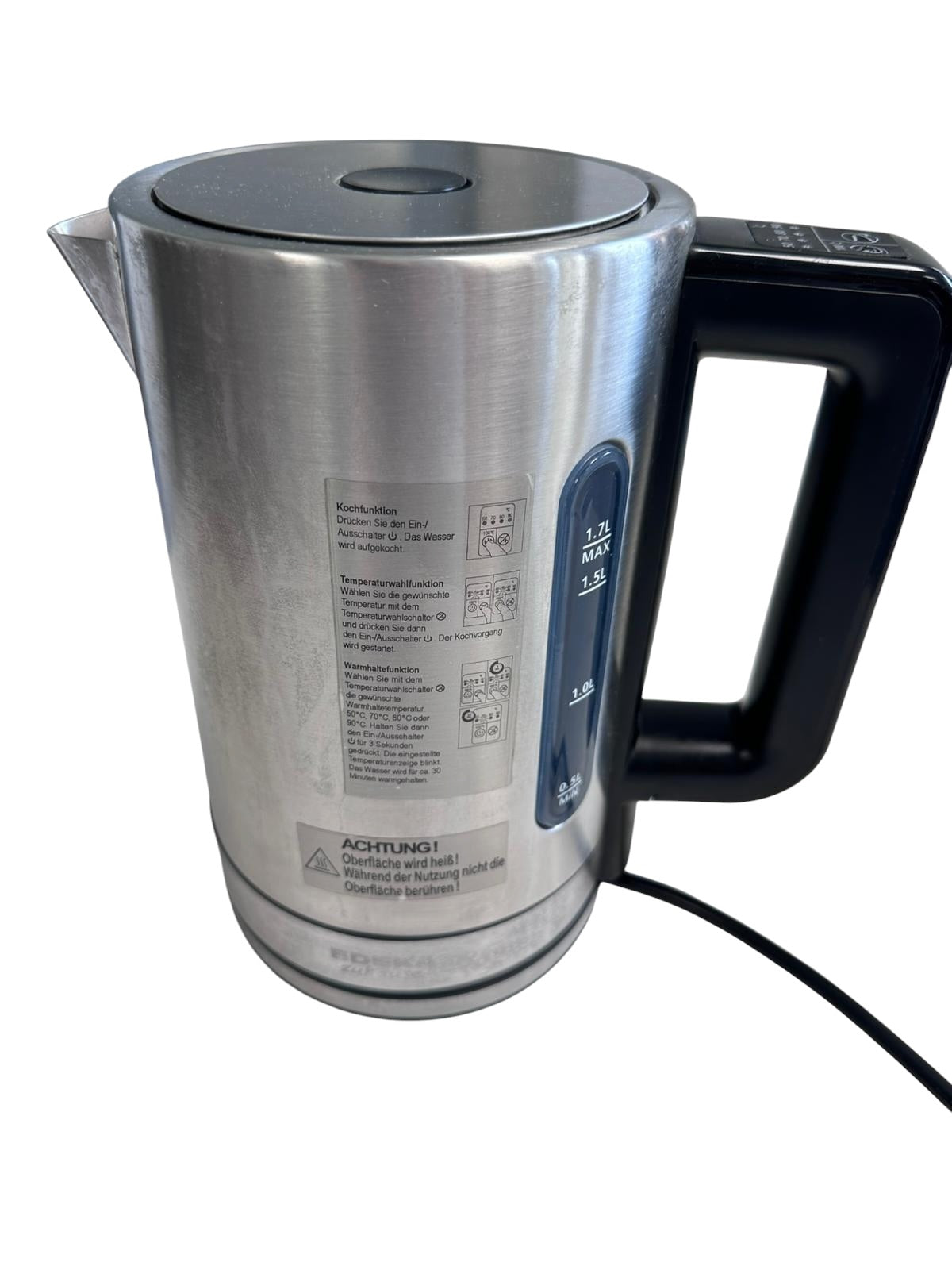 Edelstahl-Wasserkocher mit 1,7 Liter Fassungsvermögen, Temperaturwahl