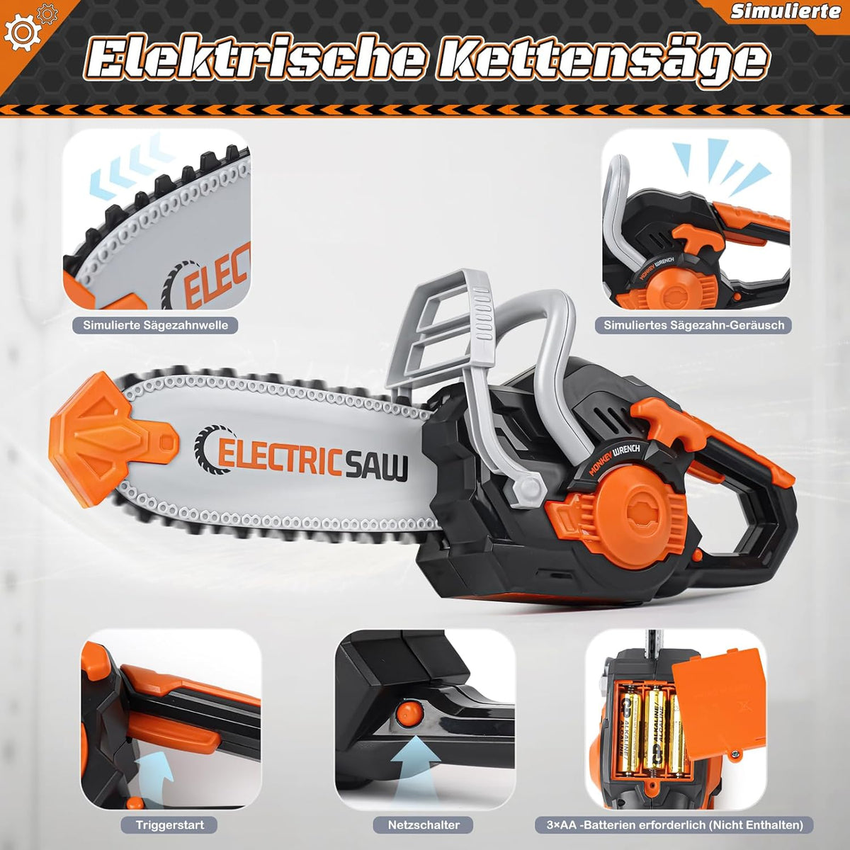 Vanplay Werkzeugkoffer Kinder Luxusmodell, Spielzeug Geschenk Junge Kinder ab 3?4?5 Jahren mit Elektrobohrmaschine Kettensäge Winkelschleifer Kreissäge, Aufbewahrungstasche