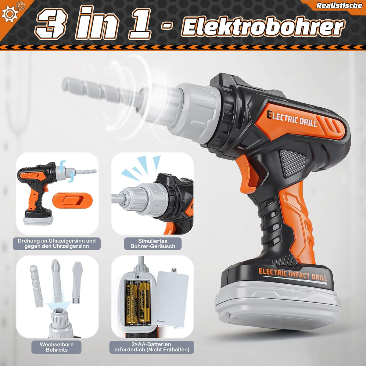 Vanplay Werkzeugkoffer Kinder Luxusmodell, Spielzeug Geschenk Junge Kinder ab 3?4?5 Jahren mit Elektrobohrmaschine Kettensäge Winkelschleifer Kreissäge, Aufbewahrungstasche