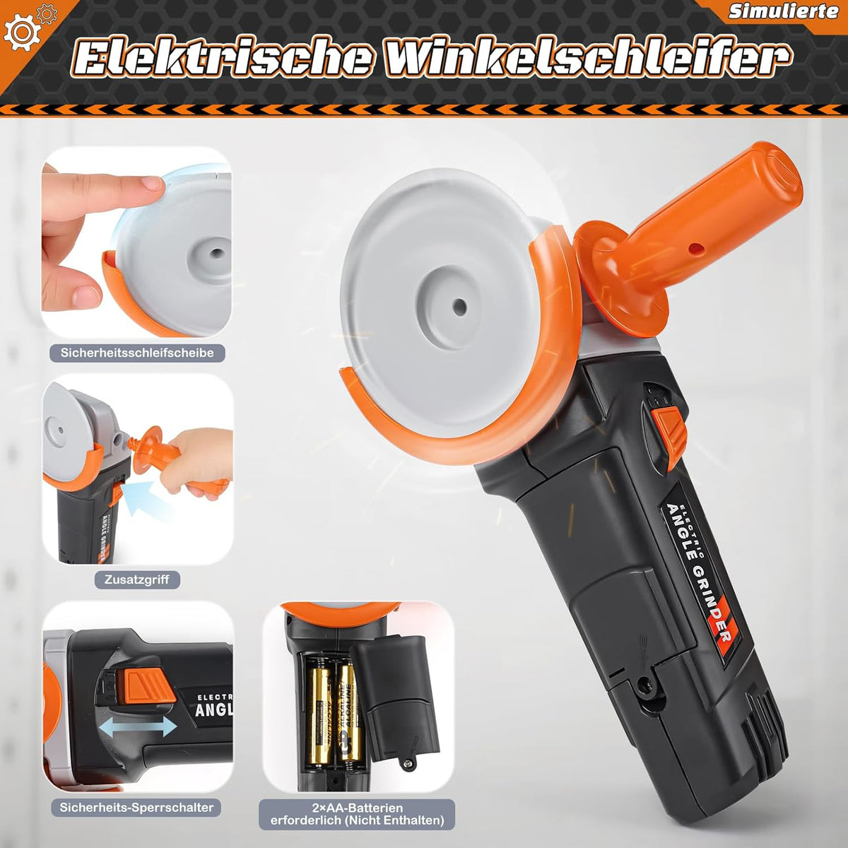 Vanplay Werkzeugkoffer Kinder Luxusmodell, Spielzeug Geschenk Junge Kinder ab 3?4?5 Jahren mit Elektrobohrmaschine Kettensäge Winkelschleifer Kreissäge, Aufbewahrungstasche