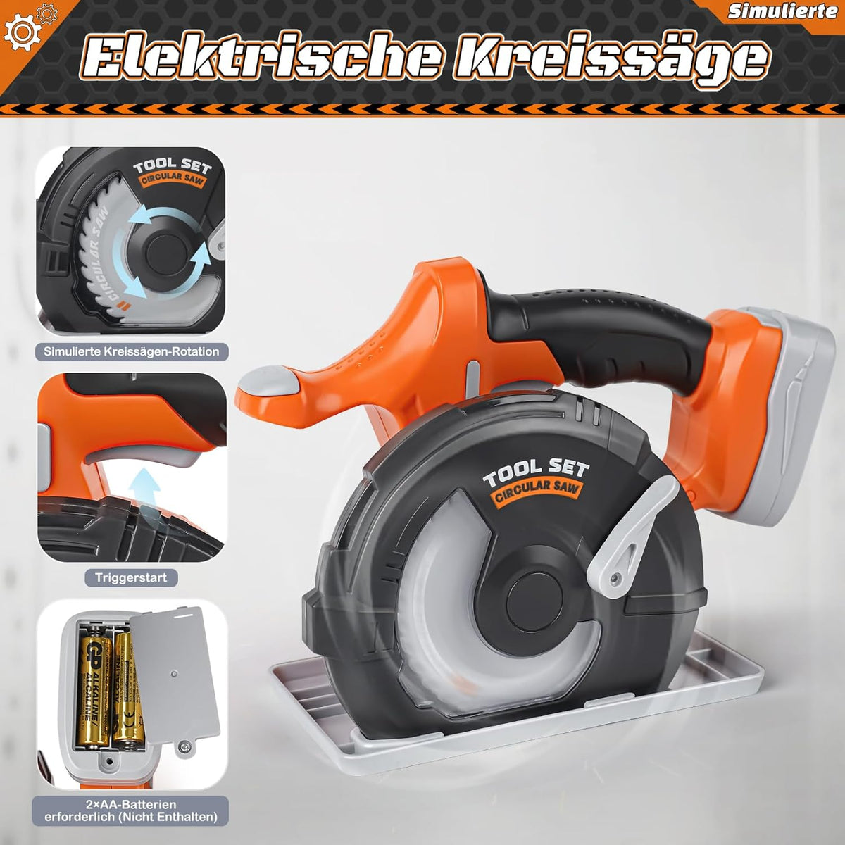 Vanplay Werkzeugkoffer Kinder Luxusmodell, Spielzeug Geschenk Junge Kinder ab 3?4?5 Jahren mit Elektrobohrmaschine Kettensäge Winkelschleifer Kreissäge, Aufbewahrungstasche