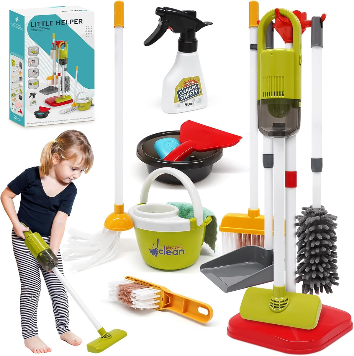 Dreamon Kinderstaubsauger Mit Saug und Soundfunktion, 11 PCS Putzset Kinder Holzspielzeug, Kinderbesen Spielzeug ab 3 Jahren