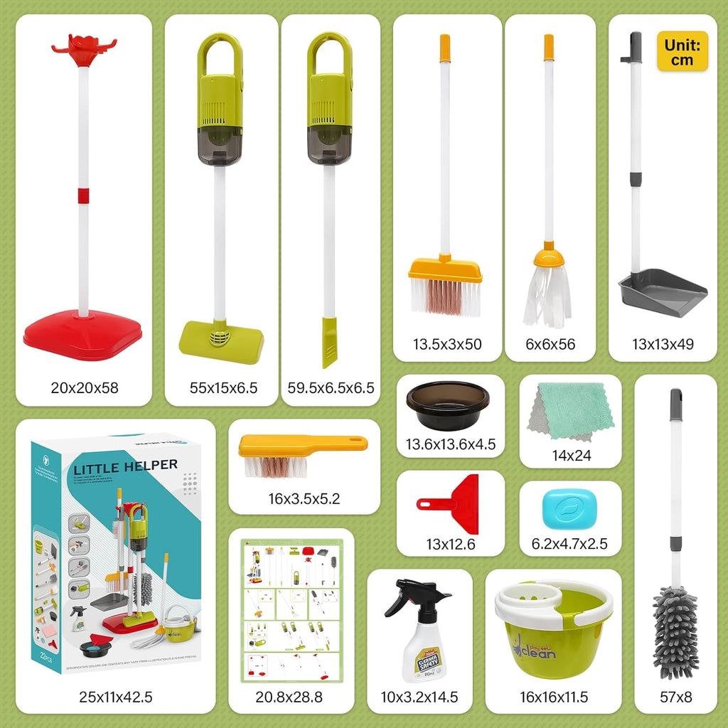 Dreamon Kinderstaubsauger Mit Saug und Soundfunktion, 11 PCS Putzset Kinder Holzspielzeug, Kinderbesen Spielzeug ab 3 Jahren