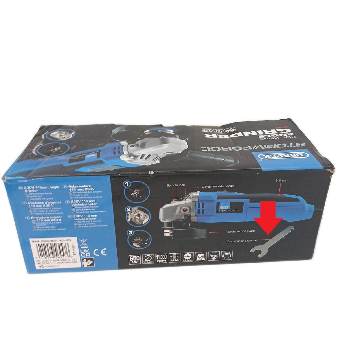 Draper 56457 Winkelschleifer, 115 mm, 650 W, Schwarz – Sehr gut, unvollständig